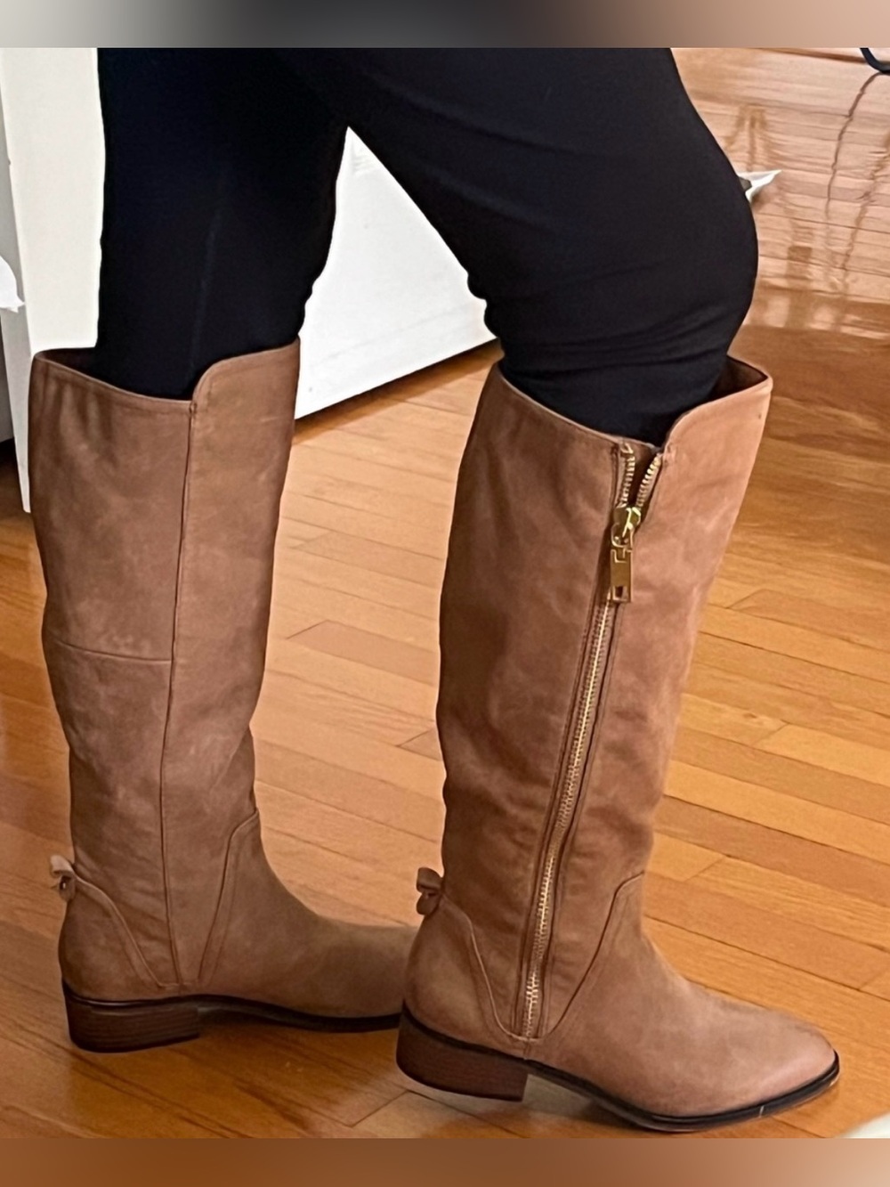 Aldo Tall Suede Riding Boots in Tan- Camel Brown with Gold Side Zip- Boho/Retro